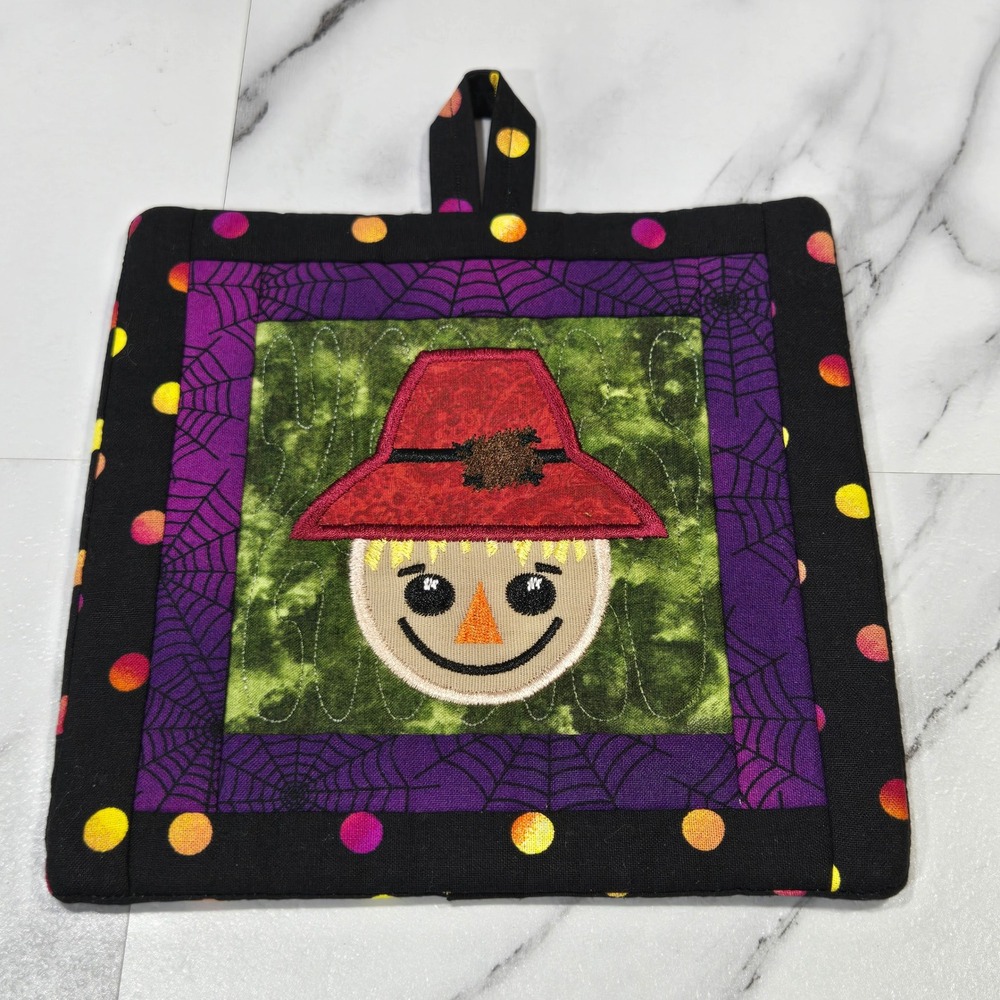 Handmade Halloween Potholder 7x7 Scarecrow Quilted Applique Spider Web Kitchen